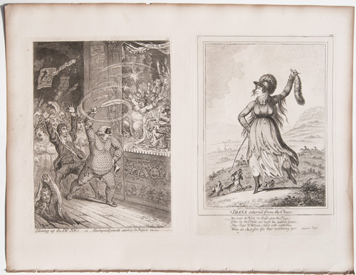 James Gillray originalsDiana Return'd from the Chase

Blowing-up the Pic-nics; or, Harlequin Quixote Attacking the Puppets